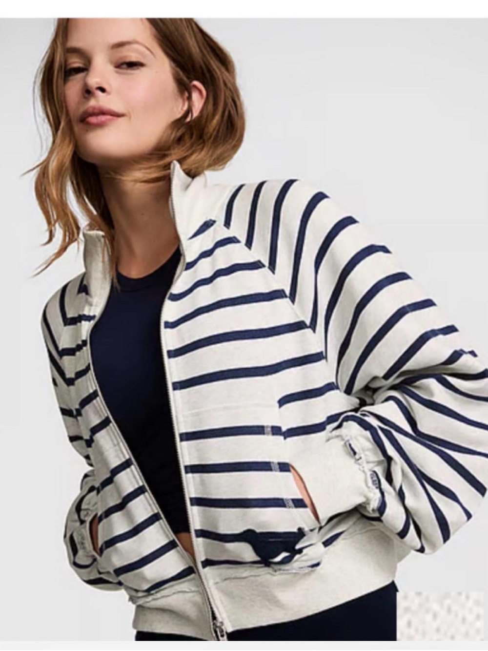 PINK Victoria Secret Striped Zip-Up Jacket in Off-White and Navy